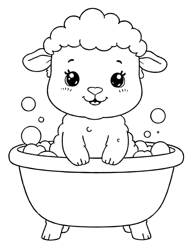 Baby sheep bathing in a tub coloring page